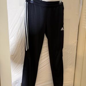Adidas Men Black Joggers with White Stripes, tapered legs with zippers